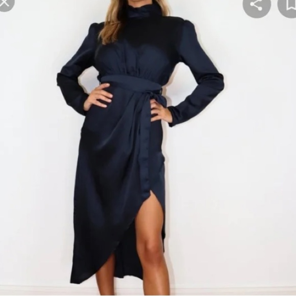 NWT Navy satin high neck wrap midi Dress